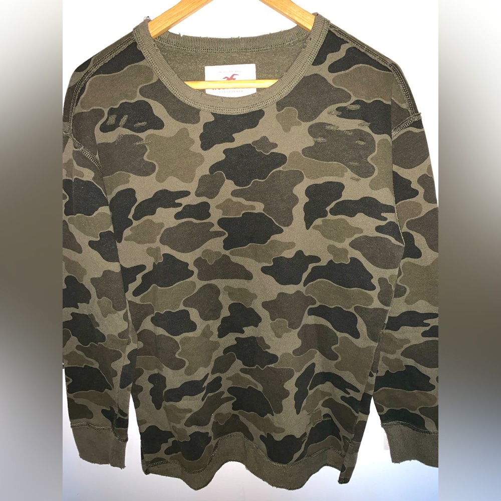 Hollister distressed camo pullover. Slightly high low and oversized